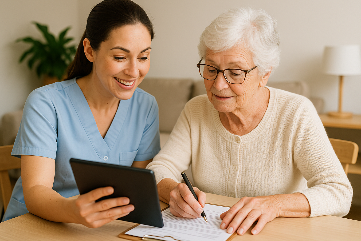 Image d'une aide à domicile souriante avec une personne âgée